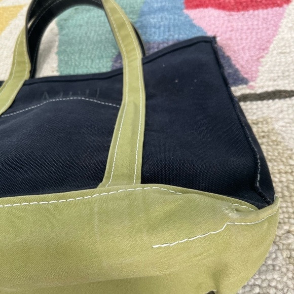 Vintage LL Bean Medium Tote Black with Olive Green Trim Handles  ‘MEH’ Monogram - Picture 7 of 12